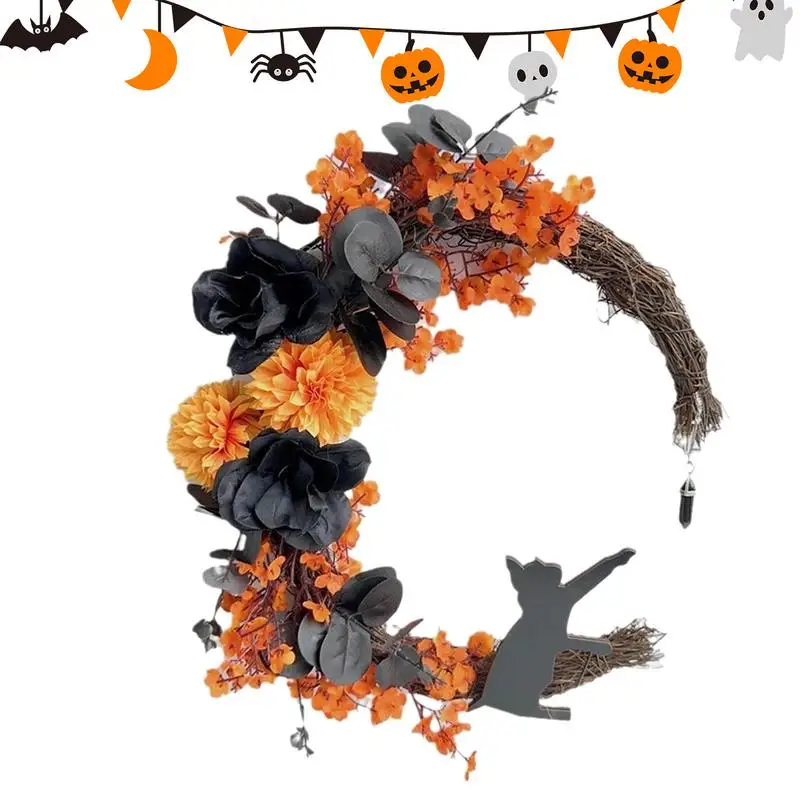 

Венки в виде Луны на Хэллоуин для входной двери, декор в виде черной кошки на Хэллоуин, готический венок, украшения на Хэллоуин, Луна, кот