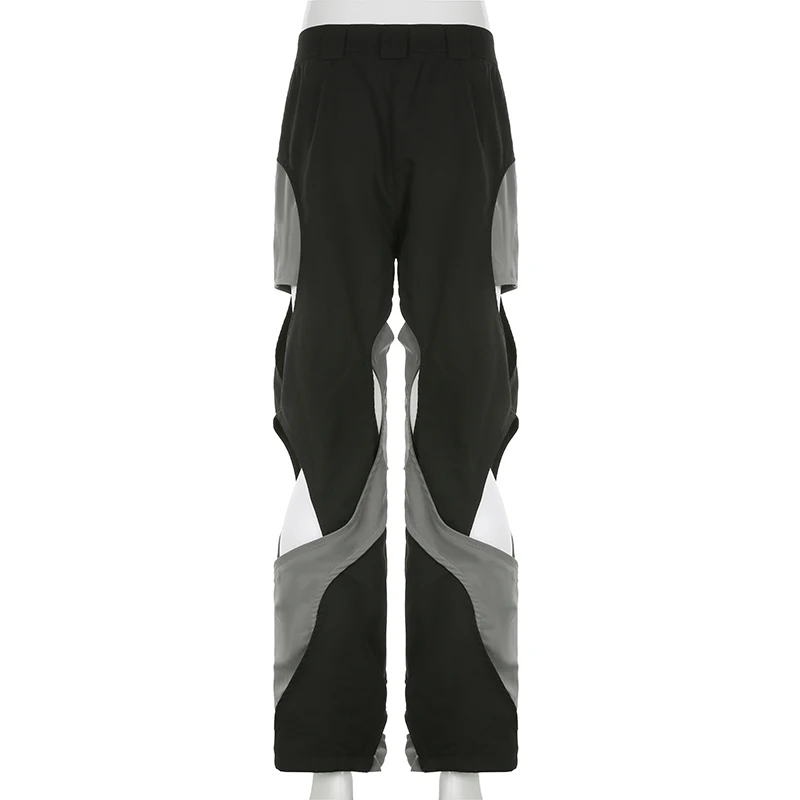 y2k Techwear Casual Pants Chic Contrast Hollow Out Baggy Women Cargo Pants Streetwear Low Rise Sweatpants Korean Fashion