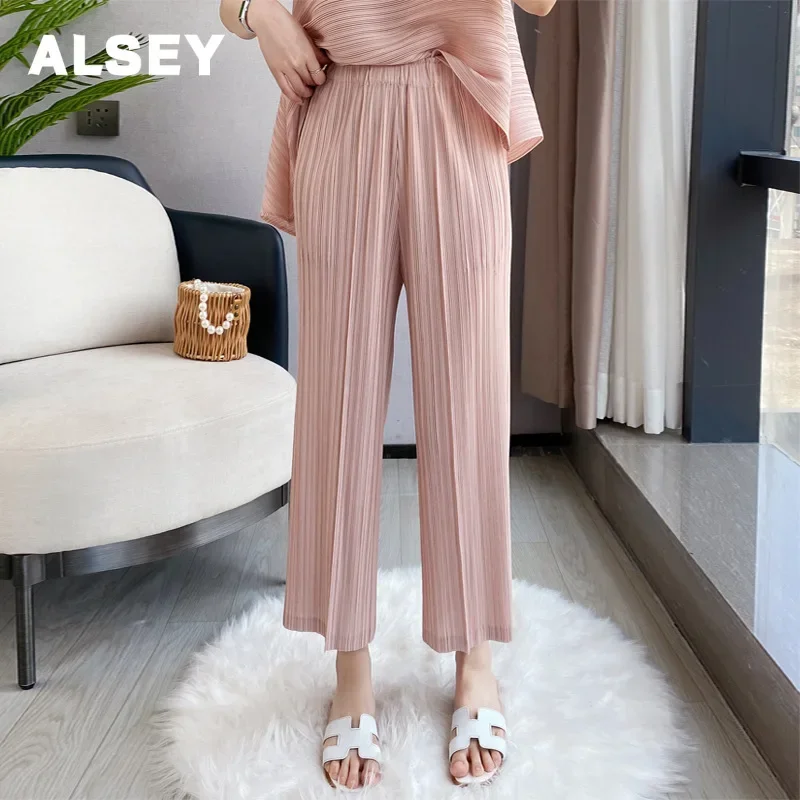 ALSEY Miyake Pleated Women\'s Summer New Thin Section Casual Wide-leg Pants Slim High-waisted Draping Straight Radish Harem Pants