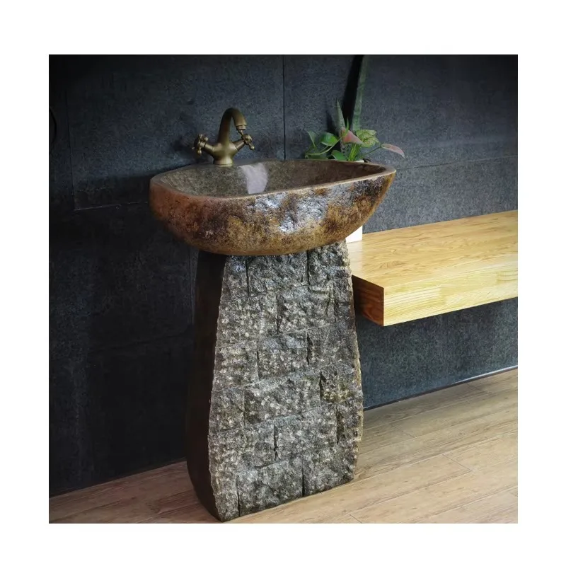 

Rusty River Block Stone Pedestal Sink Art Design Cobble Sinks Farmhouse Free Standing Washing Bowl Vanity