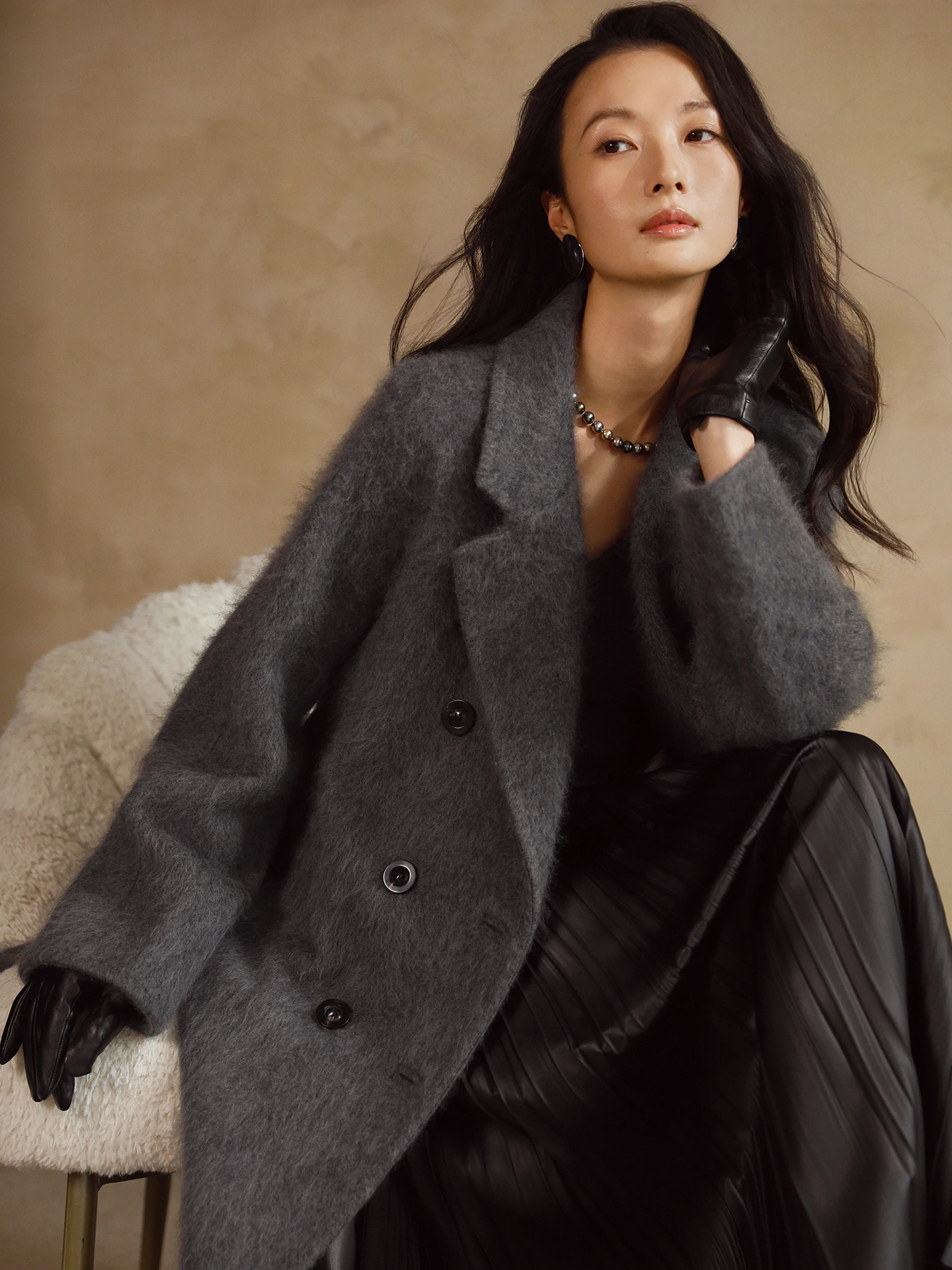 

Maxmara Classic Improved Long Fce Women's Woolen Coat Winter New Arrival Double Breasted Button Sle Long Sve Suit Collar