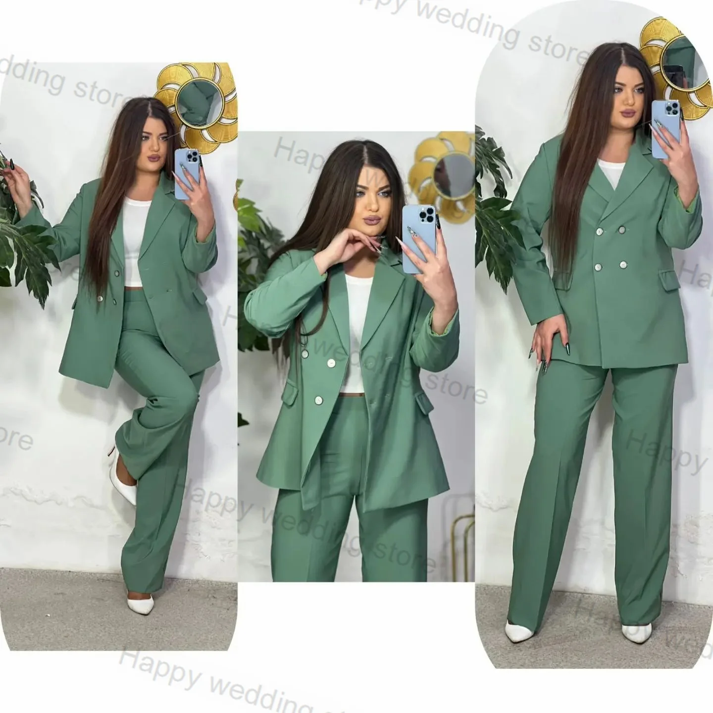 Green Women Suit Pants Set 2 Piece Blazer+Trousers Cotton Coat Formal Office Lady Double Breasted Wedding Tuxedo Tailored Jacket