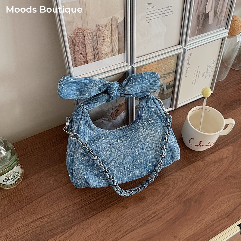 

Bowknot Chain Shoulder Cross Body Bags For Women Denim Fabric Small Top-handle Bag 2026 Summer Latest Luxury Designer Handbags