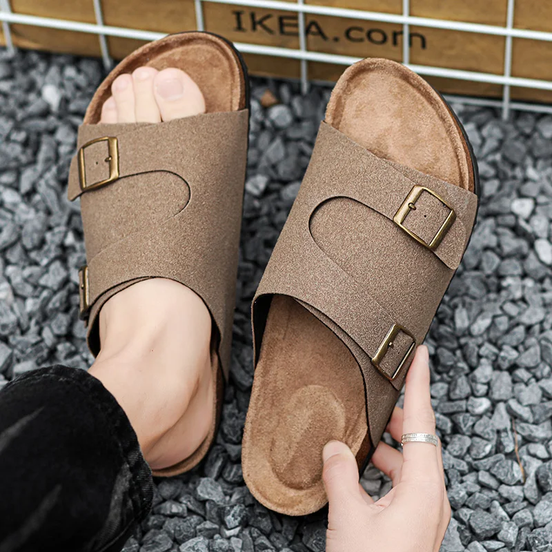 New Men Breathable Slippers Nu\'buck Leather Outside Sandals Quality Beach Slippers Casual Slide Mens Shoes Couple Outdoor Summer