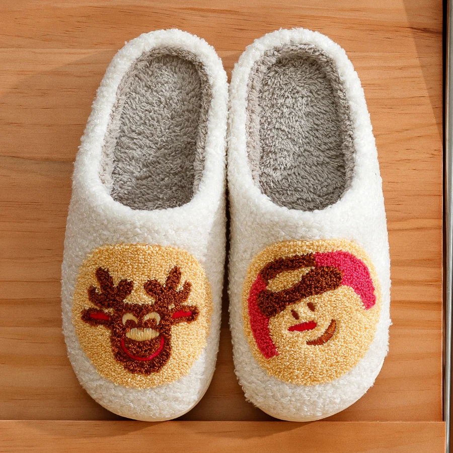 Winter Women's Fashion Embroidery Slippers Christmas Cute Elk Cartoon Girls Indoor Warm Soft Sole Causal Plush Homeshoes