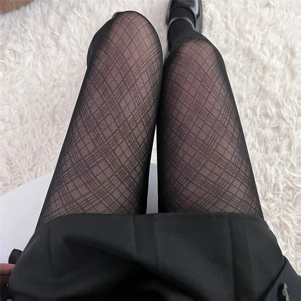 Simple Leggings Plaid Pantyhose Black Solid Color Rhombus Lattice Stockings Korean Style Harajuku Mesh Stockings Girls