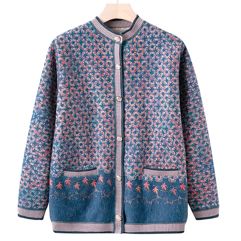 Fashion Printed Cardigan Women Elegant Buttons Middle Aged Mother Outerwears Coat Autumn Winter Knitted Velvet Sweater Jacket