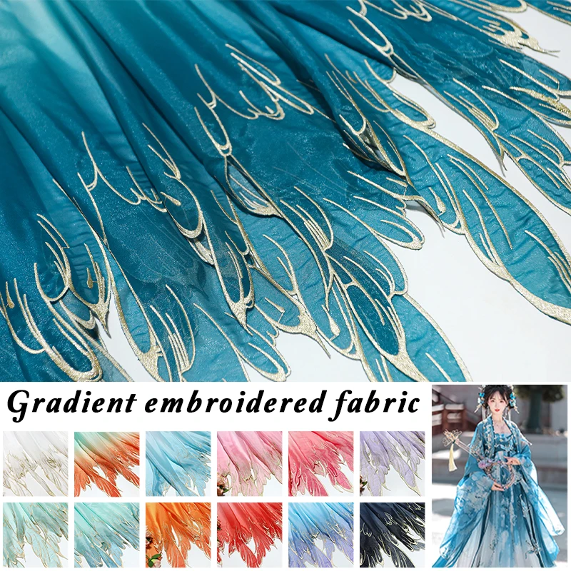 1M Chinese Classical Gradient Embroidery Fabric Chic Lotus Leaf Edge Designer Fabric For DIY Hanfu Dress Dance Costume