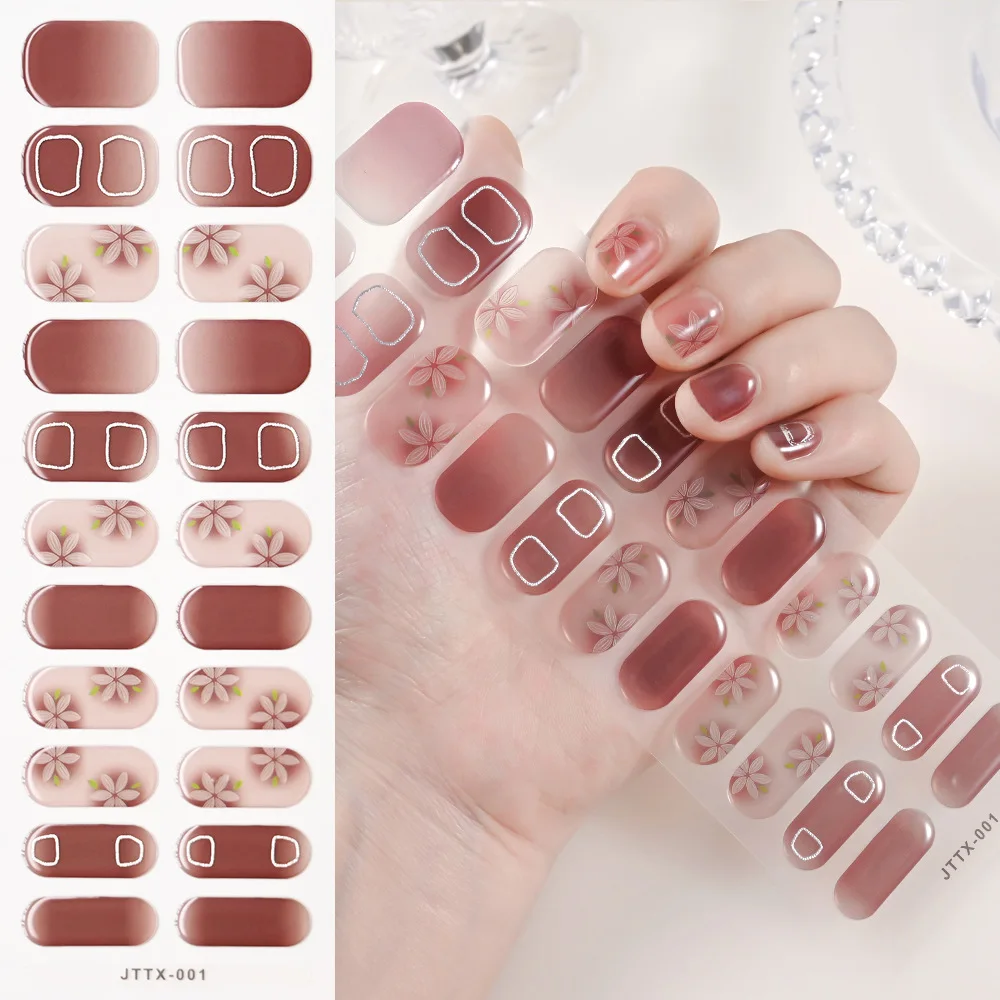 UV lamp Cured Extended Nails Tip Strips Waterproof Sticker Blush Flowers Semi Cured UV Gel Nail Stickers for Salon&amp.Beginner