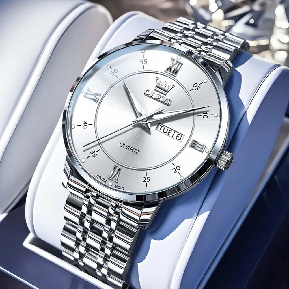 

OLEVS 3680, мужские часы со швейцарским механизмом, классические простые водонепроницаемые кварцевые часы с двойным календарем, светящиеся наручные часы из нержавеющей стали