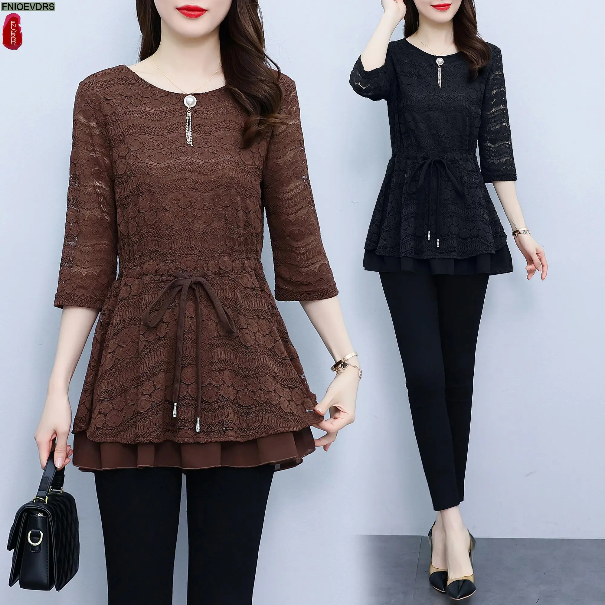 L-5XL Loose Clothes 2023 Women Summer Elegant Office Lady Work Black Lace Shirt Casual Slim Waist Tunic Peplum Tops And Blouses