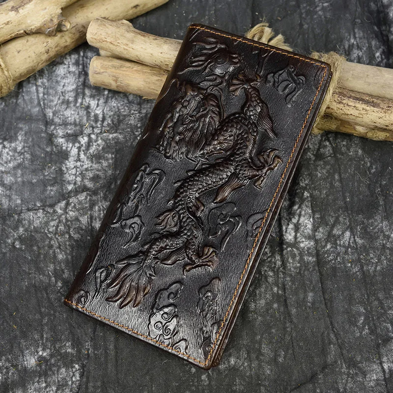 Men's long wallet, genuine leather embossed three-dimensional dragon pattern, multi-slot, large-capacity multi-functional wallet