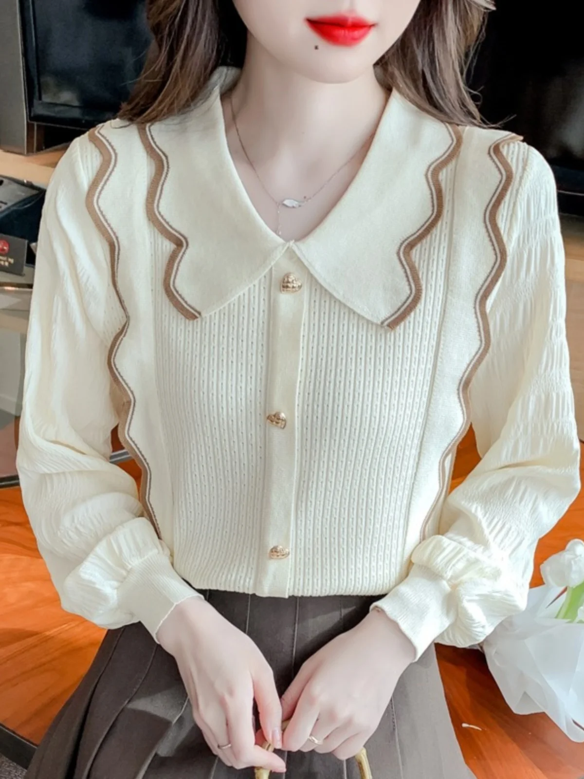 

Chic Anti-Aging Doll Collar Long Sve Knitted irt Women's Autumn Faionable Mosaic Chiffon Ele Top Trendy Commute Sle