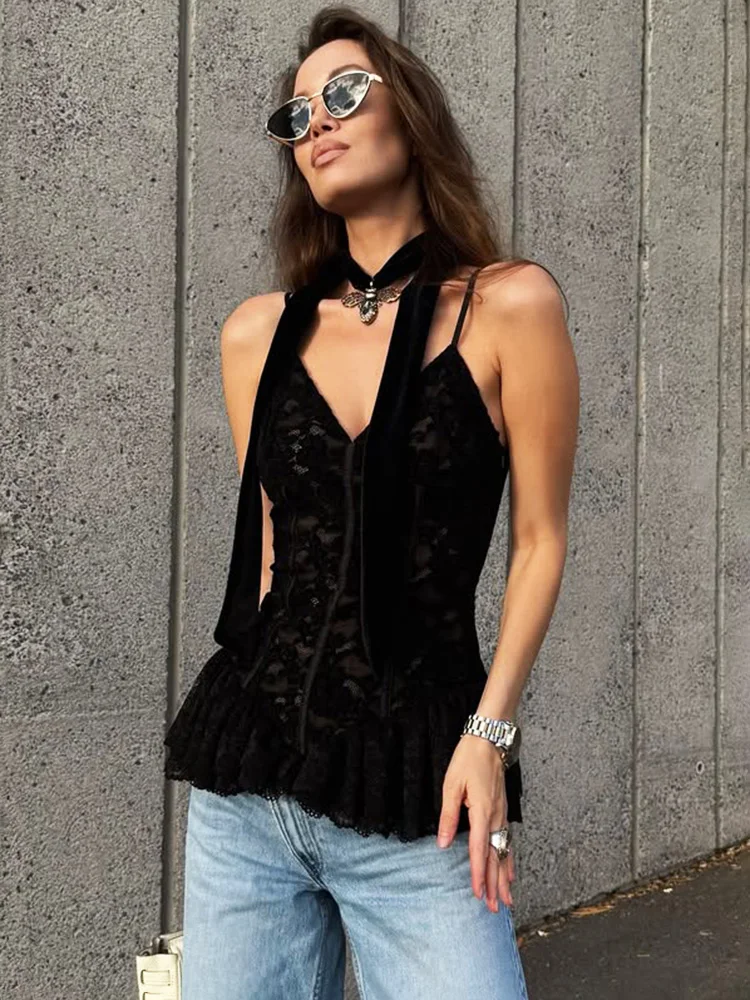 

Talenza Women Lace Top Sexy Sleeveless Backless Lace Patchwork Halter Tank Black Luxury Vintage Party Look Streetwear Female Top