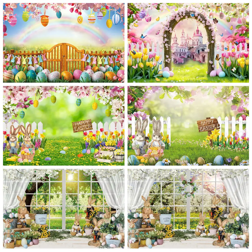 

Happy Spring Easter Backdrop For Photography Garden Bunny Colorful Eggs Wood Fence Window Rainbow Background Decor Photo studio