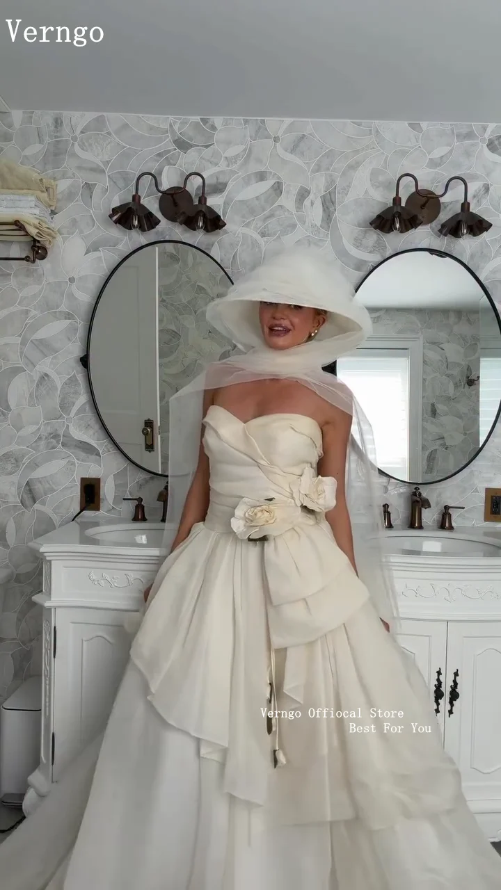 Verngo Elegant Strapless Satin Wedding Dress Pleated Ruffle Tiered A Line Bridal Gown No flowers Bride Dress Customized