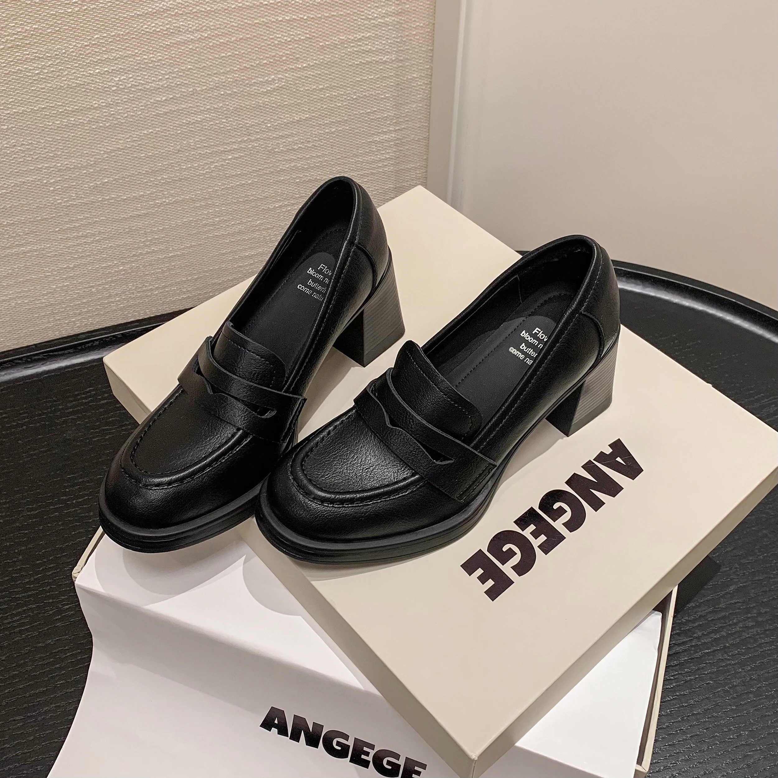 Loafers Women Genuine Leather Slip On Chunky Heel Vintage Preppy Style Versatile Handmade Shoes