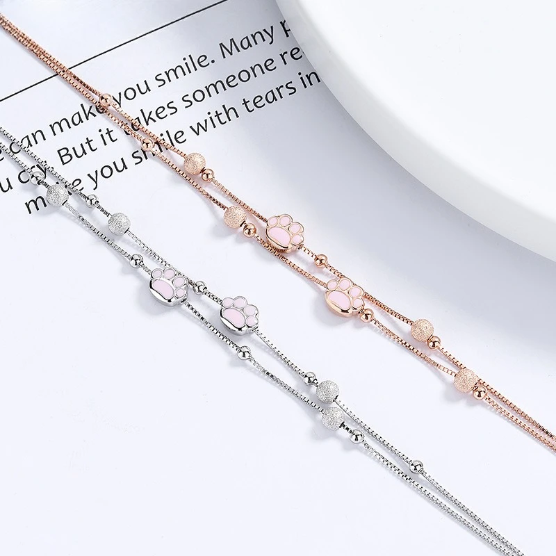 925 Sterling Silver Double Layer Cat Paw Bracelet for Women Cute Frosted Beads Minimalist Fashion Jewelry Pet Lover Gift