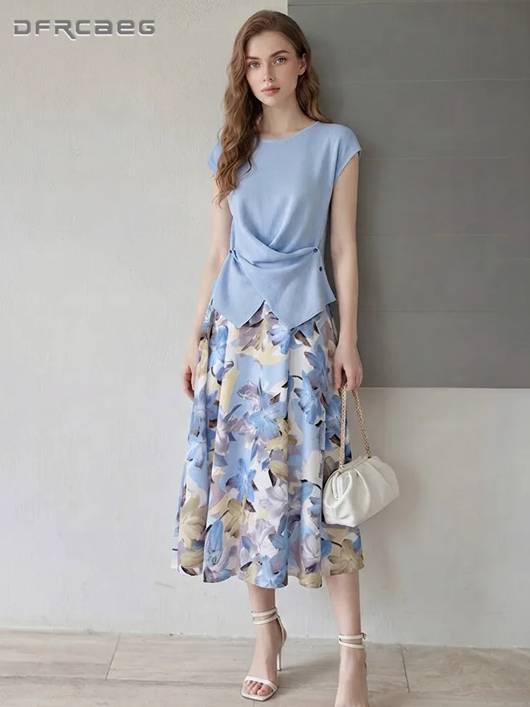 Summer Vintage Floral Print A-Line Midi Skirt For Women Elastic Waisted Casual Plain Weave Satin Fabric A-Line Skirts Woman