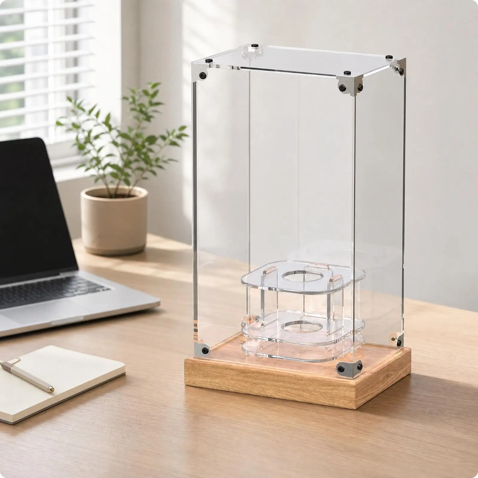 Light Display Box Dustproof Clear Acrylic Showcase with Wood-Look Base Transparent for Fan Merchandise Collectors, Idol Group
