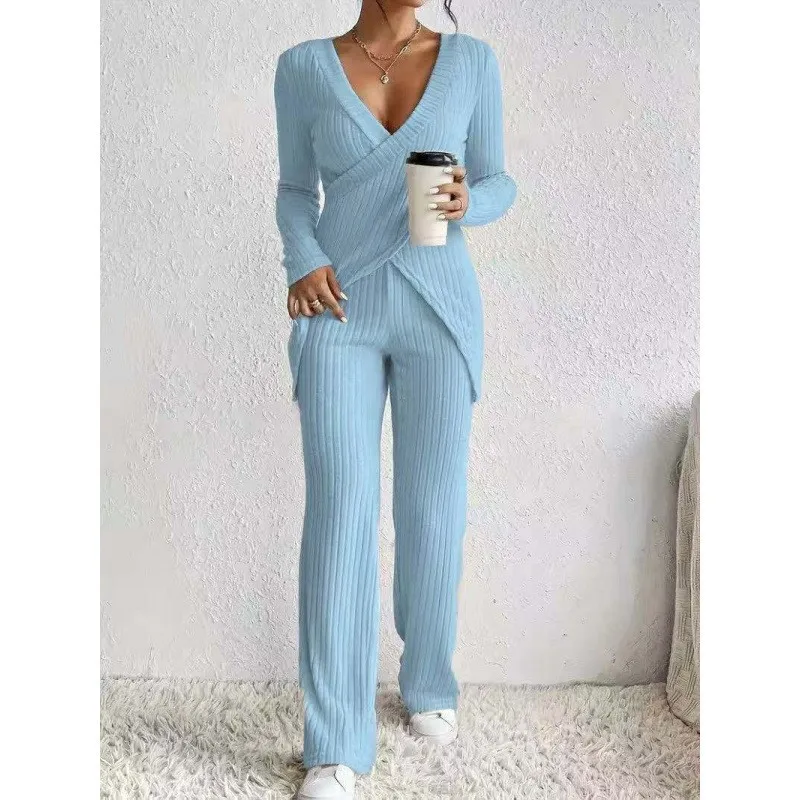 Temperament 2 Pieces Set For Woman Commuting Two Piece Outfits Homewear Pulls Femmes Home Clothing Long Sleeves Solid Color Slim