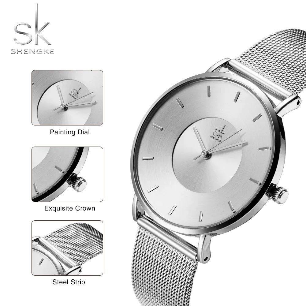 Shengke Fashion Black Watch For Women Classic Relogio Feminino Ultra Thin Quartz Watch Woman Adjustable Mesh Strap Montre Femme