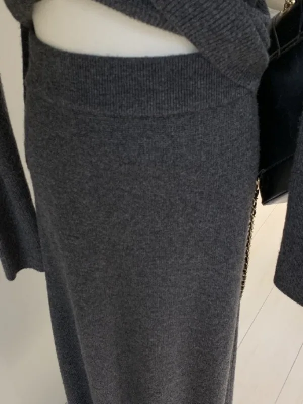 Ele Set lavorato a maglia da donna Autunno Inverno Dimagrante Spacco laterale Maglione lungo Gonna longuette Due pezzi Trendy Ensemble Vita incinta