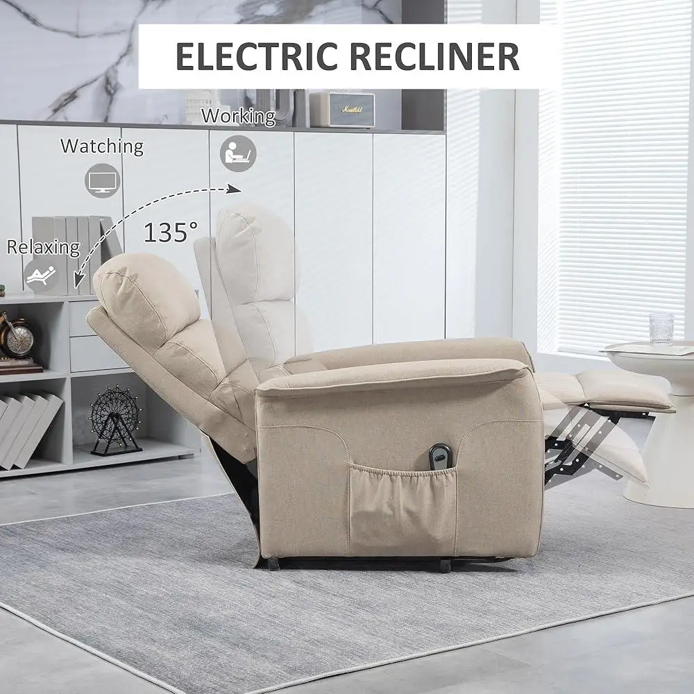 Power Lift Recliner Chair Elderly Remote Control Easy Assembly Comfortable Fabric Reclining Sofa with Side Pockets and Footrest