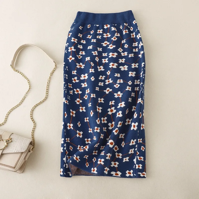 Retro Knitted Midi Long Skirt for Women High Waist A-line Skirt Autumn Outfit New Korean Fashion Winter Printed Floral Skirt