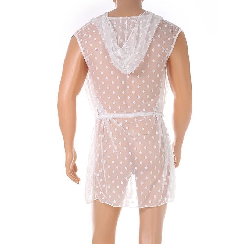 Long Transparent Leisure Bathrobes Sexy Men Sleeveless Hooded Pajamas Lace See Through Homewear Sexy Nightwear Nightgown