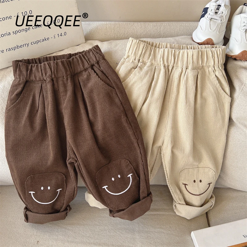 Spring Autumn Children Pants 2-8Y Boys Corduroy Embroidery Spliced Casual Trousers Korean Toddler Wear Kids Clothing 2024 New