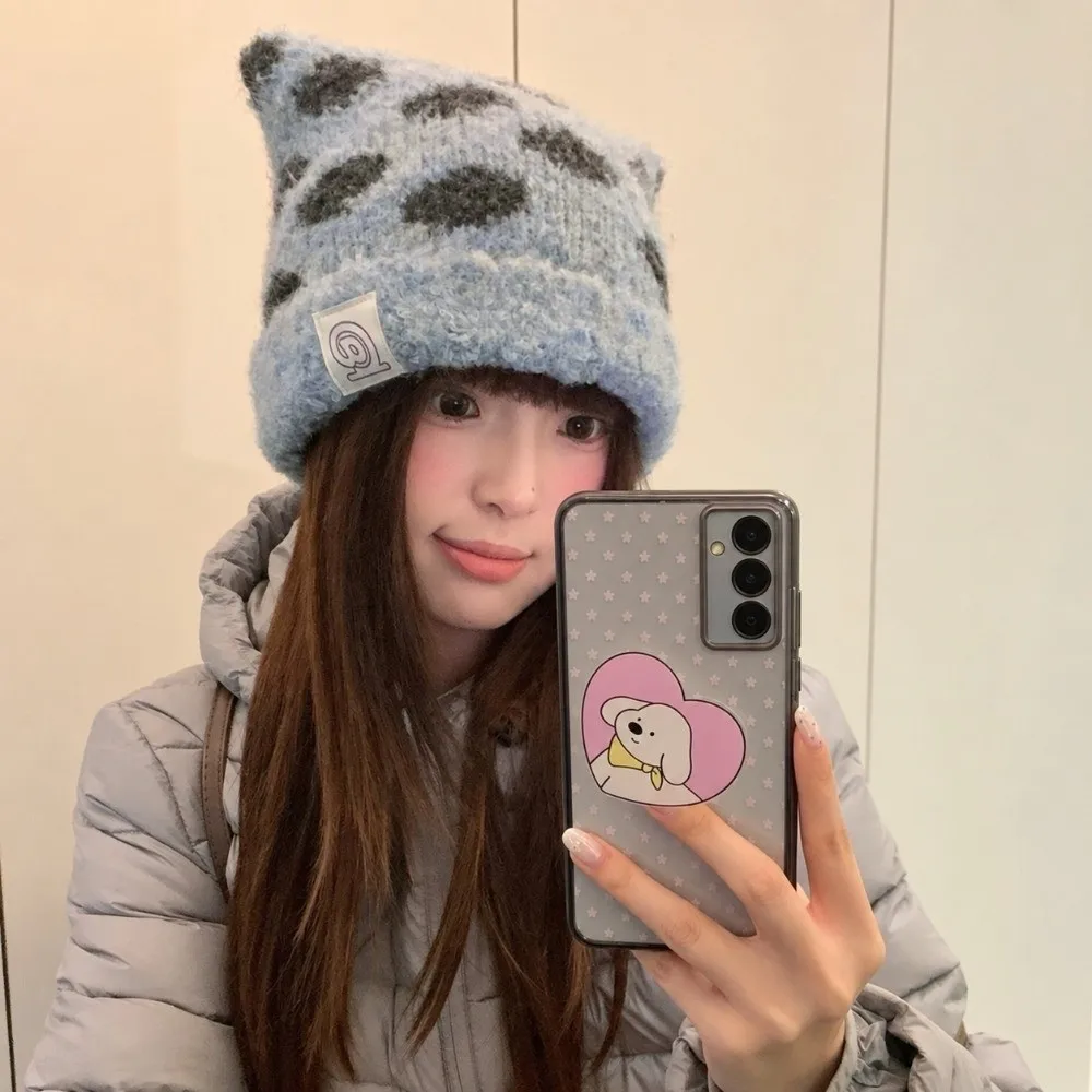 Polyester Knitted Beanie Hat Adjustable Size 56cm-58cm Circumference Spot Beanie Ear Hat Face Slimming Thick Warm Winter Hat