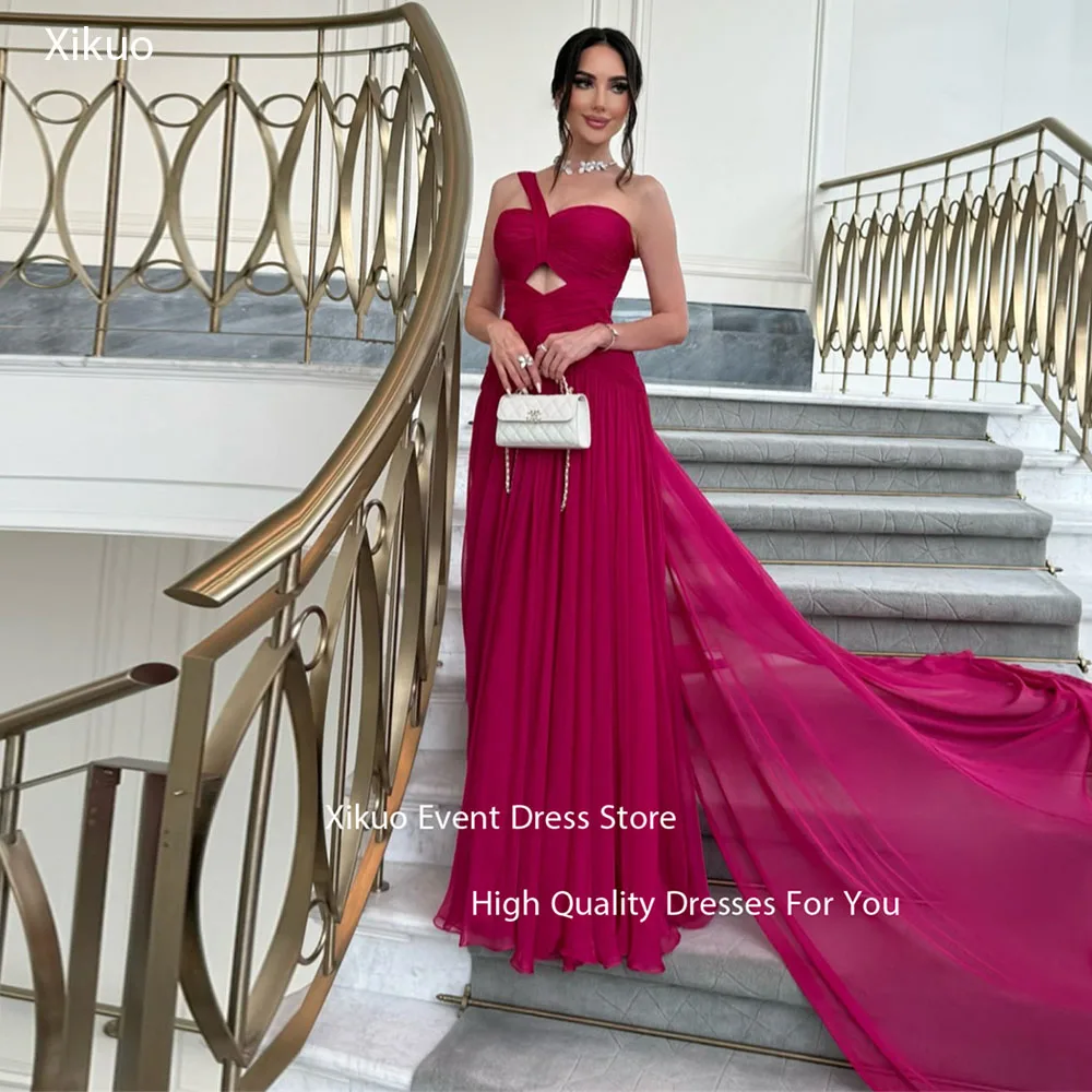 Xikuo fúcsia chiffon cortar vestidos de noite assimétrico ombro plissado vestidos de festa elegantes vestidos de fiesta personalizados
