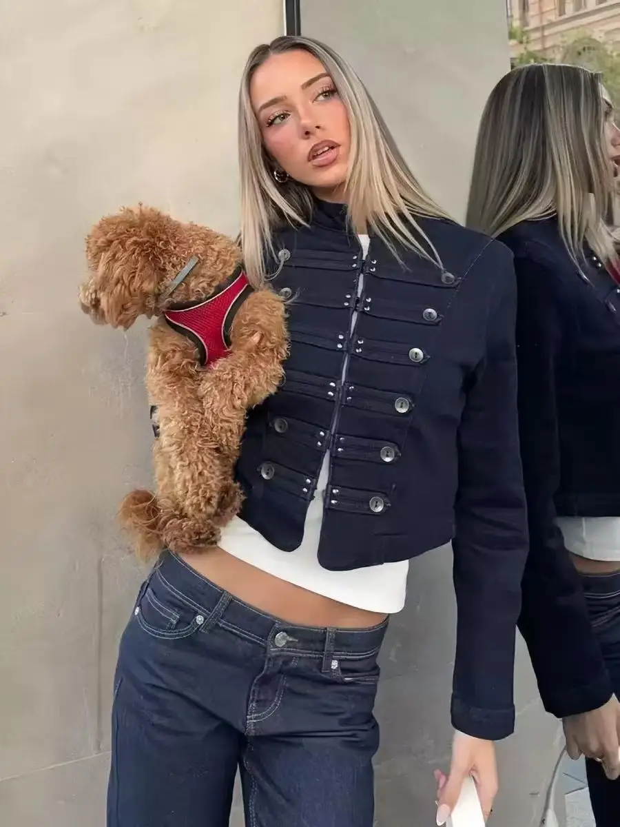 2026 New Street Jacket Women Clothing Fashion Metal Buckle Denim Jackets Punk Slim Long Sleeve Cardigan Y2k Coats Outerwear Tops