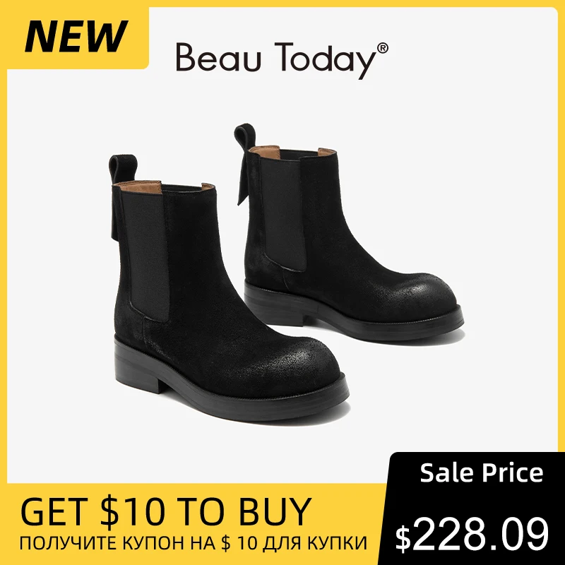 BEAUTODAY Chelsea Boots Women Cow Suede Leather Elastic Band Round Toe Retro Ankle Boots Slip-on Ladies Shoes Handmade 03738