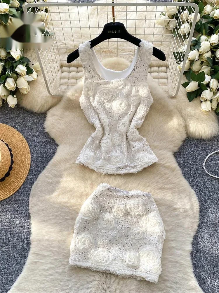 

3D Floral Sequined Sets Female Sleeveless Top+Bodycon Mini Skirt Summer Ins Elegant Office Lady 2 Pieces Sets