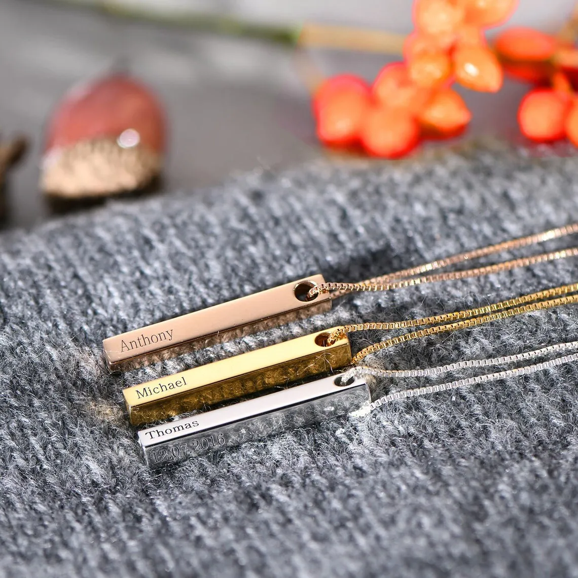 Customized Personality Engrave 4 Sides Name Date Stainless Steel Bar Necklace Pendant Men Women Monther\'s Valentines Day Gift