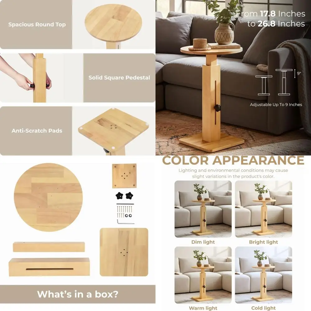 

Adjustable Height Solid Wood Nightstand, Modern Round Side Table for Bedroom and Living Room, Natural Accent Bedside Table