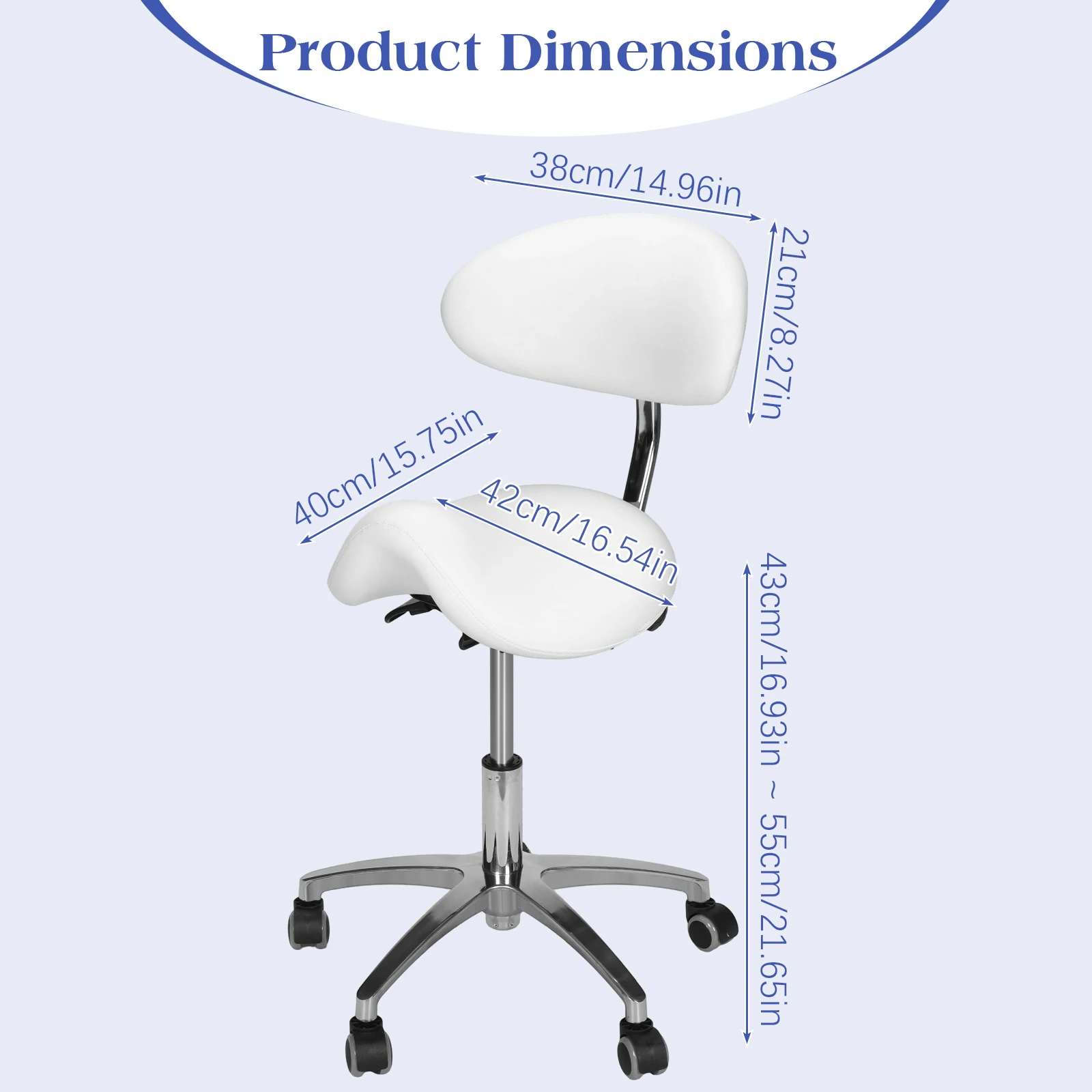 Saddle Stool Rolling Chair with Wheels with Back Support 19.93-21.65in Height for Home Office Salon Spa Kitchen Tattoo