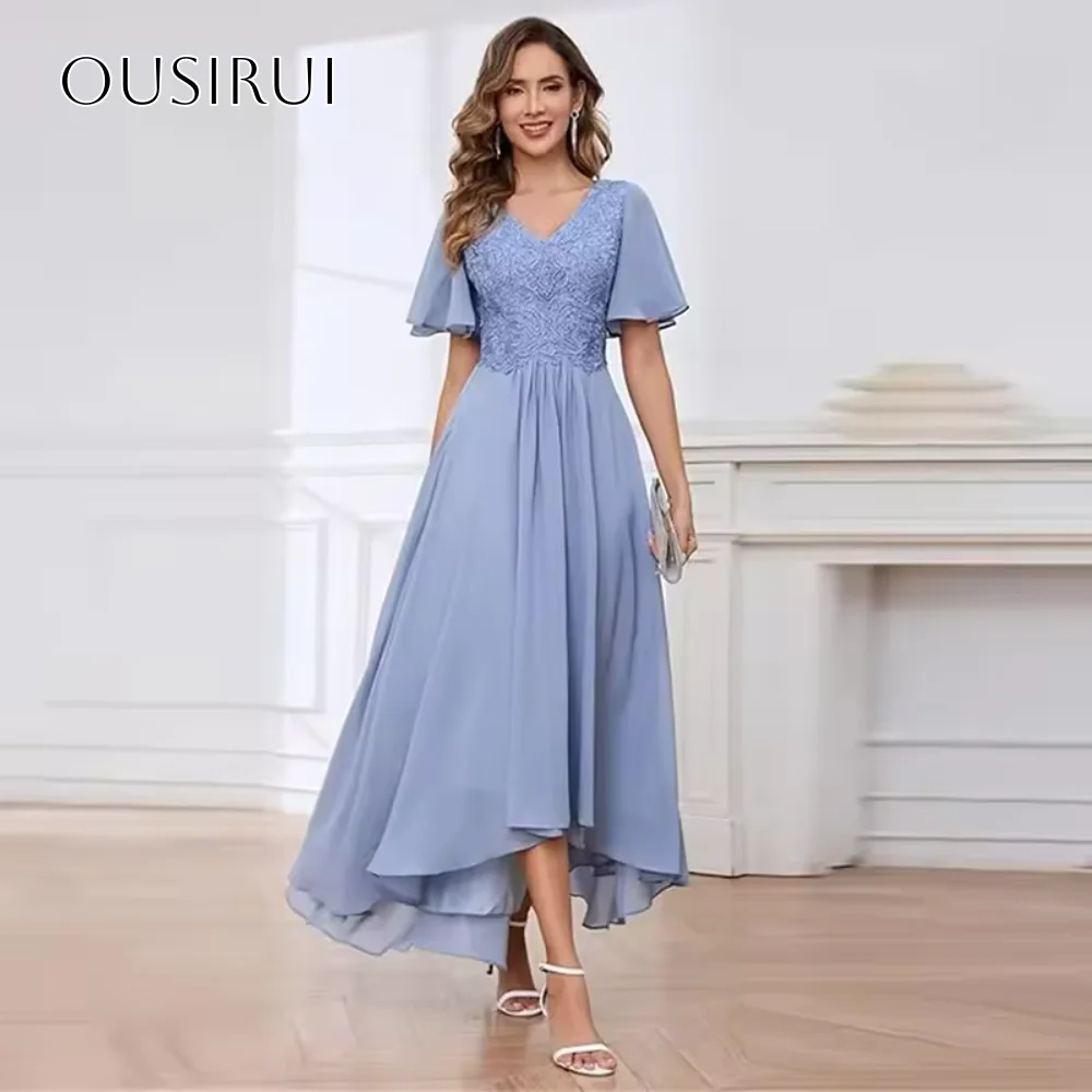 

Lace Applique V-Neck Chiffon Homecoming Dress A-line High-low Short Sleeves Party Dresses Corset Customized vestidos de festa