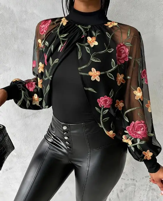 

Stand Up Collar Flower Embroidery Mesh Splicing Slim Fit Top for Women, Fashionable and Personalized Temperament Top