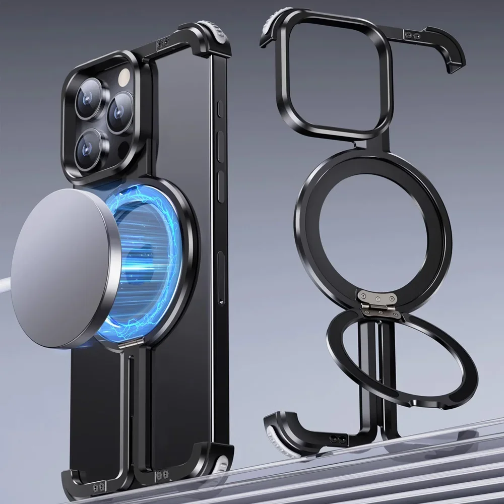 For iPhone 16 15 Pro Max Case Aluminum Alloy Metal Bumper 14 Plus 13 Magnetic 360° Rotate Stand Rimless car Phone holder Cover