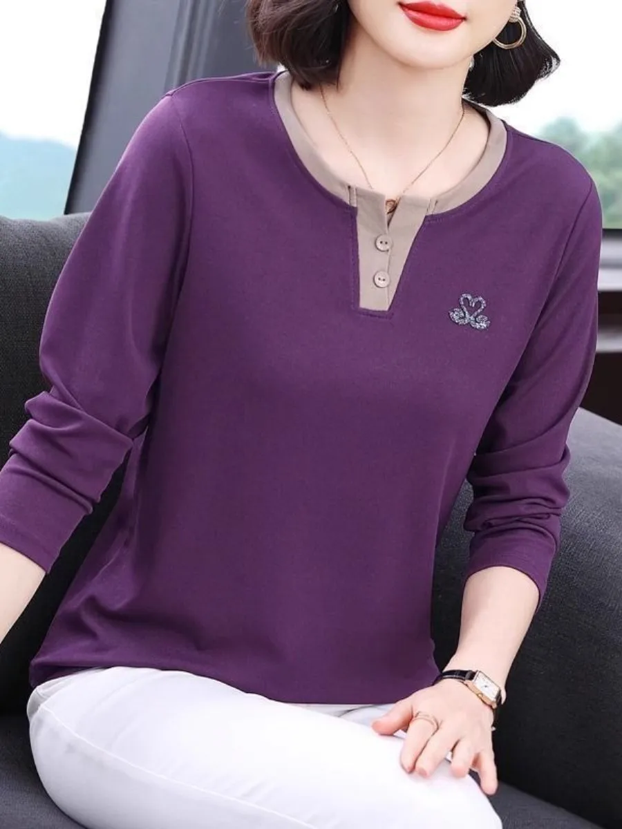 roupas-elegantes-plus-size-para-maes-camiseta-de-manga-longa-conjunto-de-duas-pecas-com-gola-solto-e-estiloso-nova-c