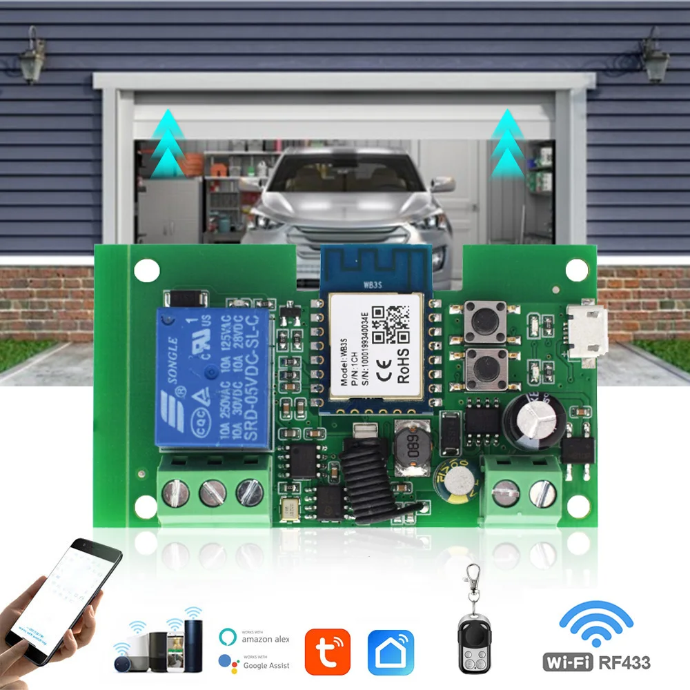 Interruptor inteligente para abrir puertas de garaje, dispositivo con aplicación Tuya, DC AC 7-32V, 12V, 24V, Inching/autoblocante, receptor WIFI, Control por voz, Alexa y Google Home