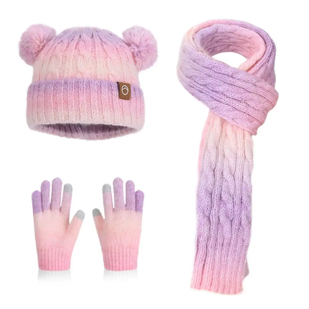 

3pcs Set of Anti Cold Winter Hats Scarves Gloves Ear Protection Gradient Color Pom Beanies Outdoor Keep Warm Cap For Girl Boy