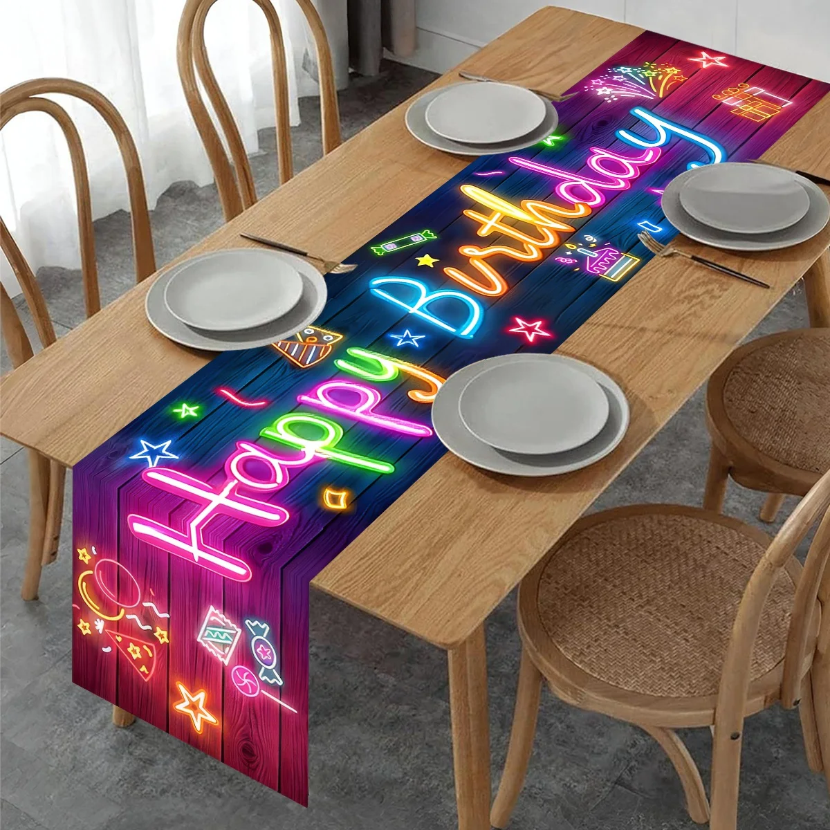 Neon Happy Birthday Table Runner Balloons Lollipop Fluorescent Pattern Table Cover for Women&Men Glow in The Dark Table Decor