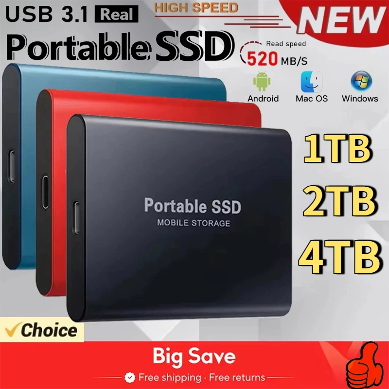 Disco duro externo portátil SSD de 1TB, unidad externa de estado sólido de 2TB, disco duro USB 3,1/tipo C, almacenamiento de alta velocidad para PC/Mac/teléfono
