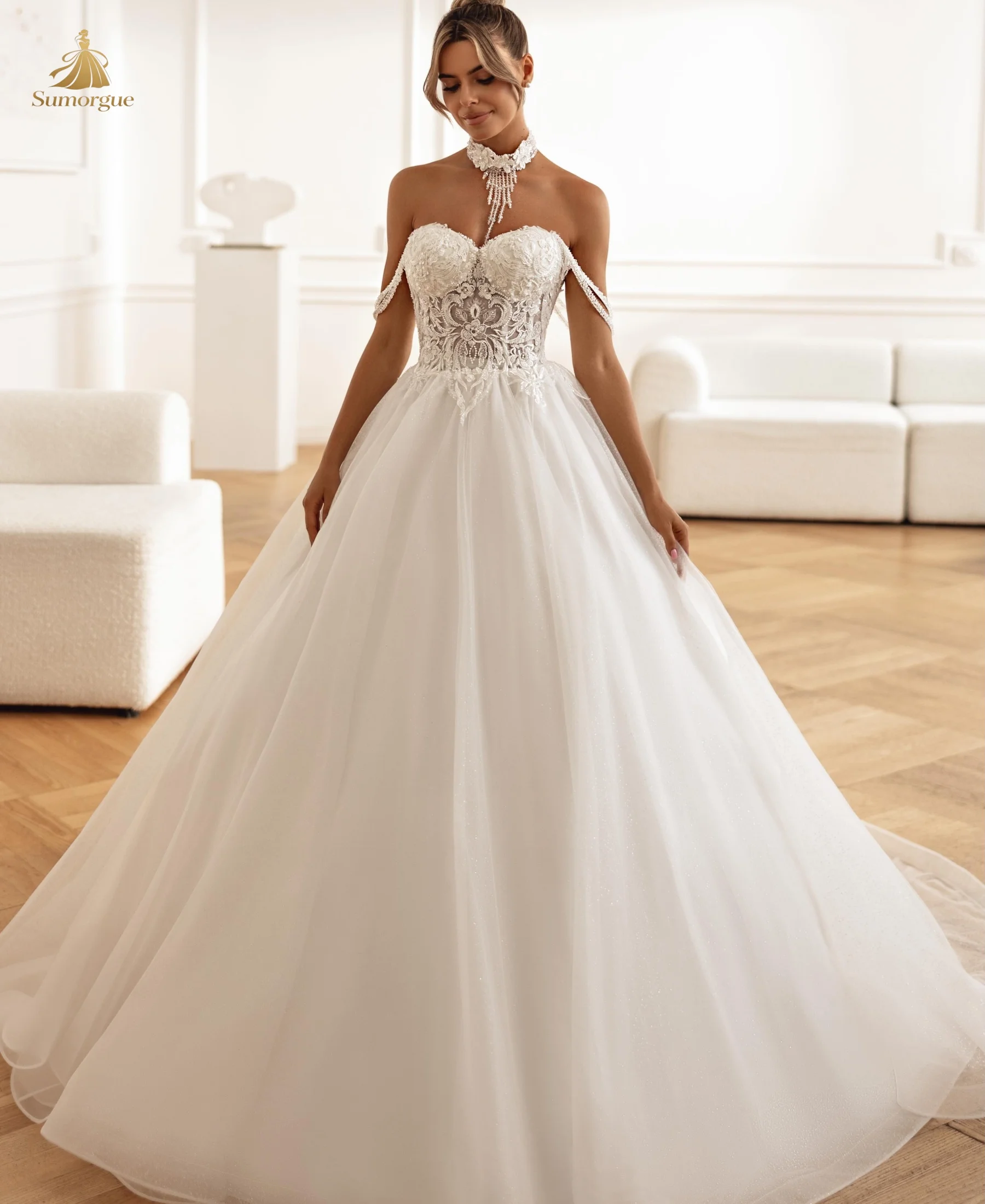 Luxury Lace Beach Wedding Ball Gowns Off Shoulder Glitter Boho Bridal Dresses Beading Sweetheart Customized Vestido De Novia