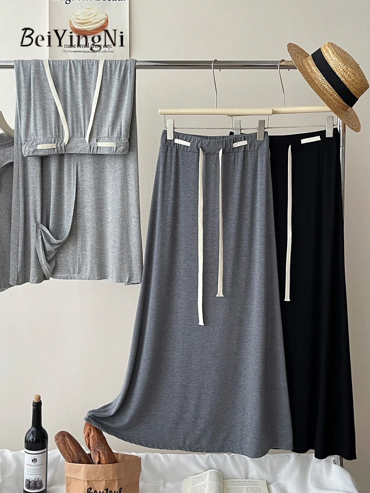 

Beiyingni Modal Skirts Women Solid Color Streetwear Fashion Summer Drawstring A-line Skirt Black Gray Casual Korean Long Faldas