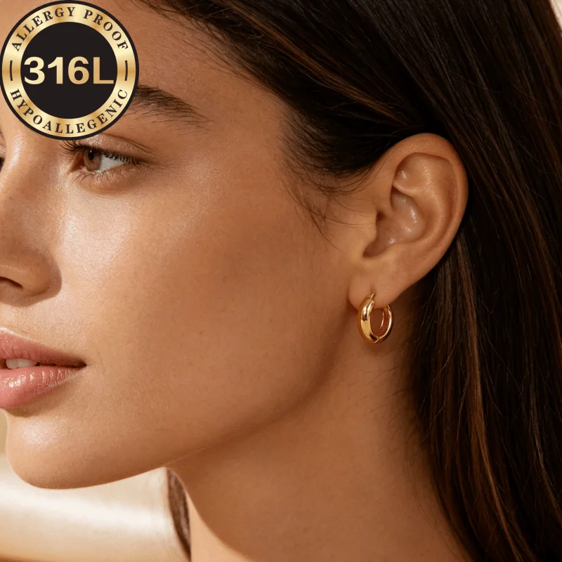 High Quality 316L Stainless Steel Hypoallergenic Golden Earrings, Hemispherical Earrings, Anti-Fade